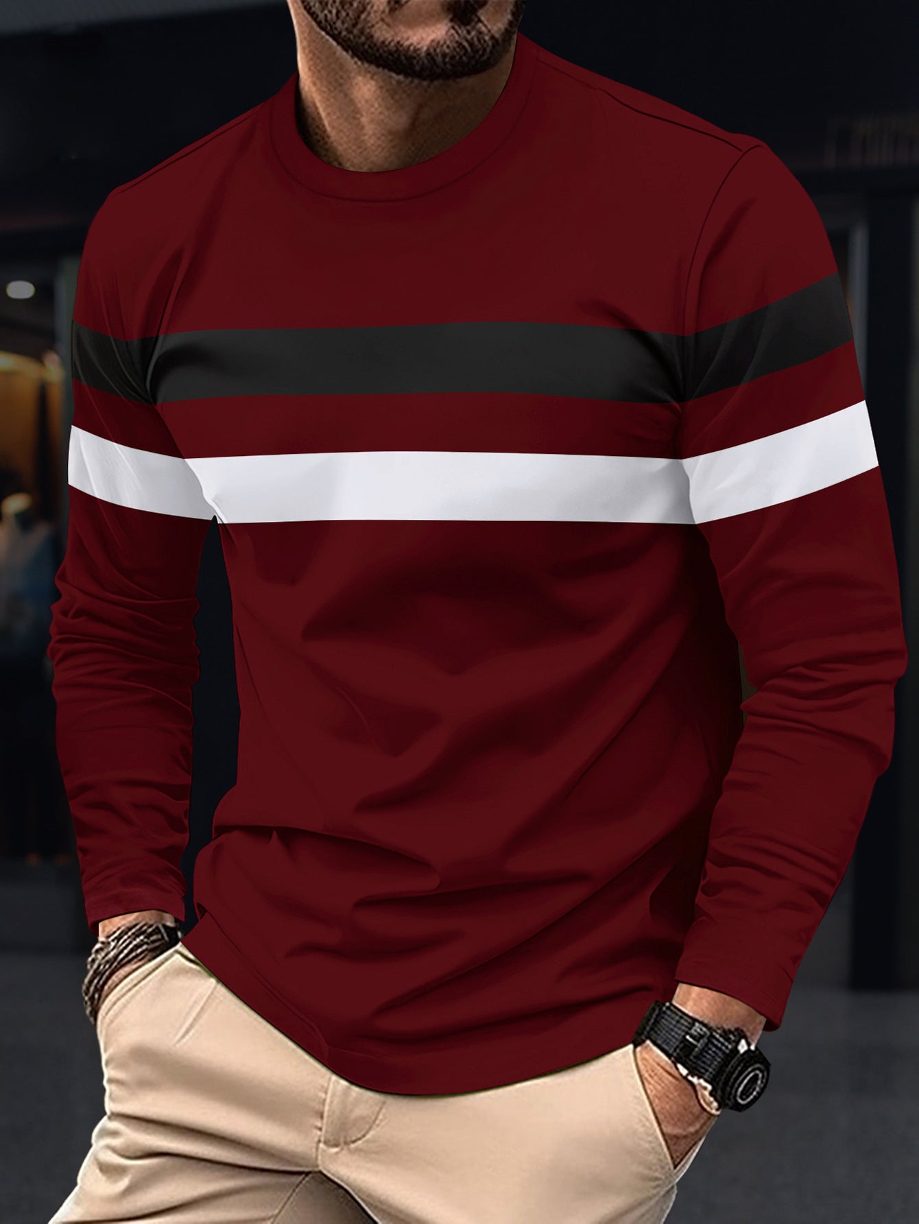 Street-wave Men's Long Sleeve Shirt With Sport Stripe Design, Breathable Comfort, Trendy Urban Wear