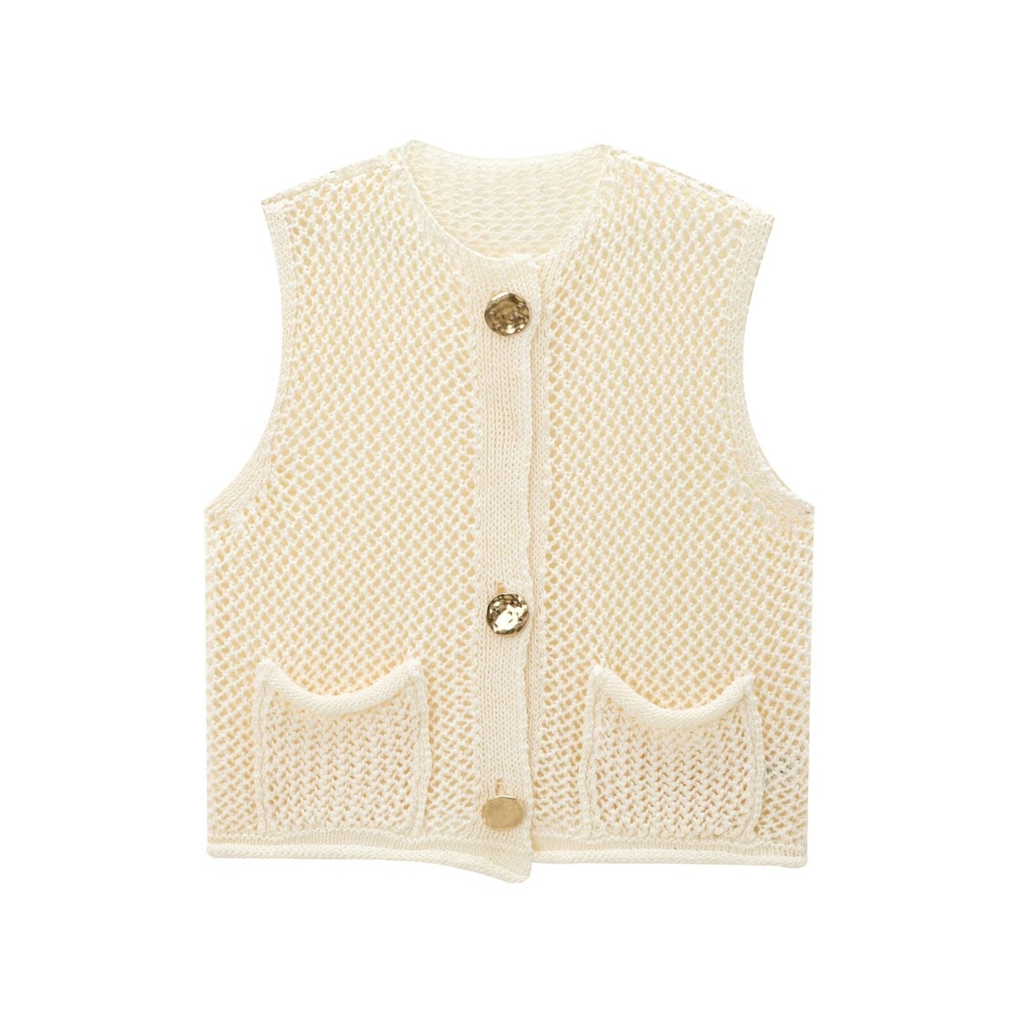 Street Wave Lightweight Knit Vest For Women With Breathable Cotton And Decorative Buttons And Pockets