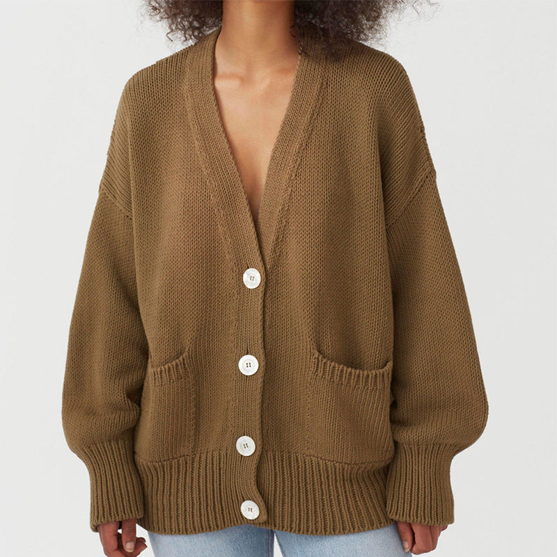 Street-wave Women's Oversized Cardigan With Pockets and V-Neck Soft Cotton Blend Comfort