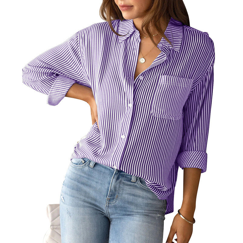 Street-Wave Womens Striped Button Down Blouse With Chest Pocket Breathable Everyday Shirt