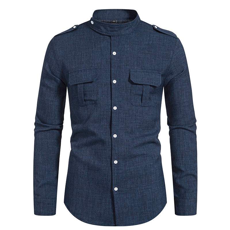 Street-wave Men's Long Sleeve Shirt Versatile With Two Chest Pockets And Stand Collar Breathable Cotton