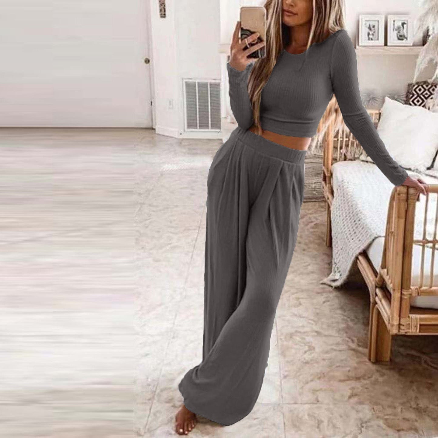Streetwave Elegant Womens Comfortable Lounge Set With Long Sleeve Top And Wide Leg Pants For Women