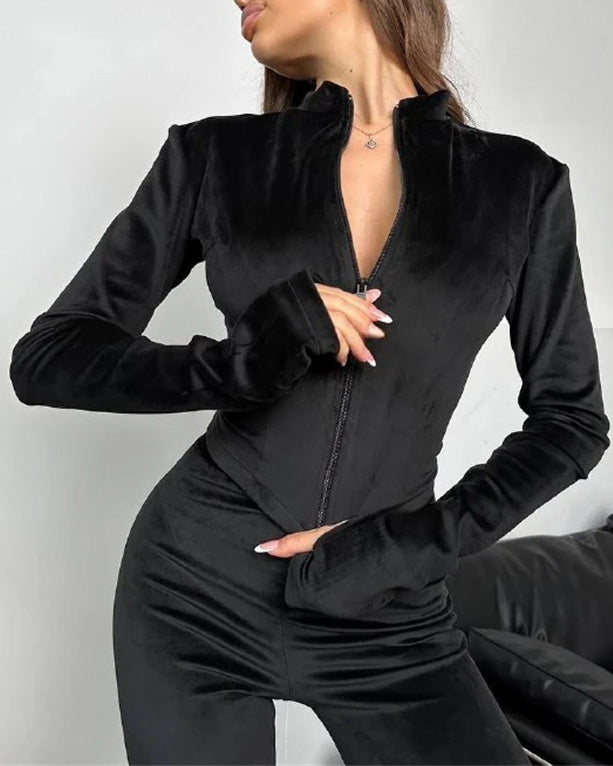 Street Wave Velvet Look Two Piece Cardigan Set With Zip Front And Stretch Pants For Women