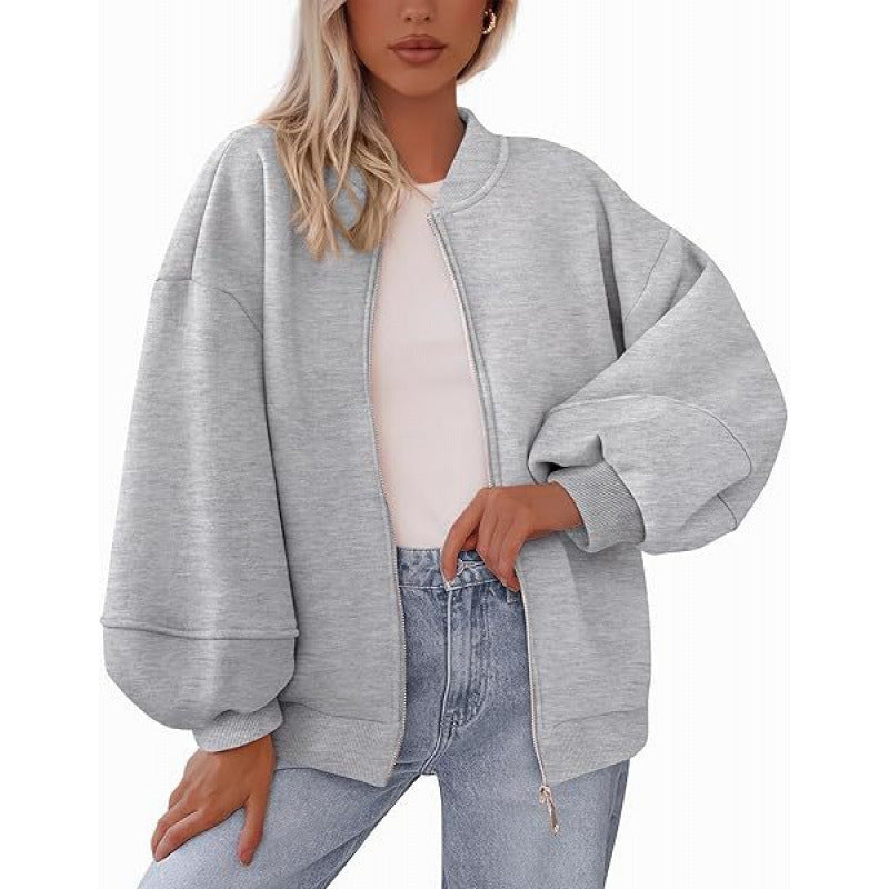 Streetwave Women Oversized Bomber Jacket With Zipper And Balloon Sleeves Casual Comfort