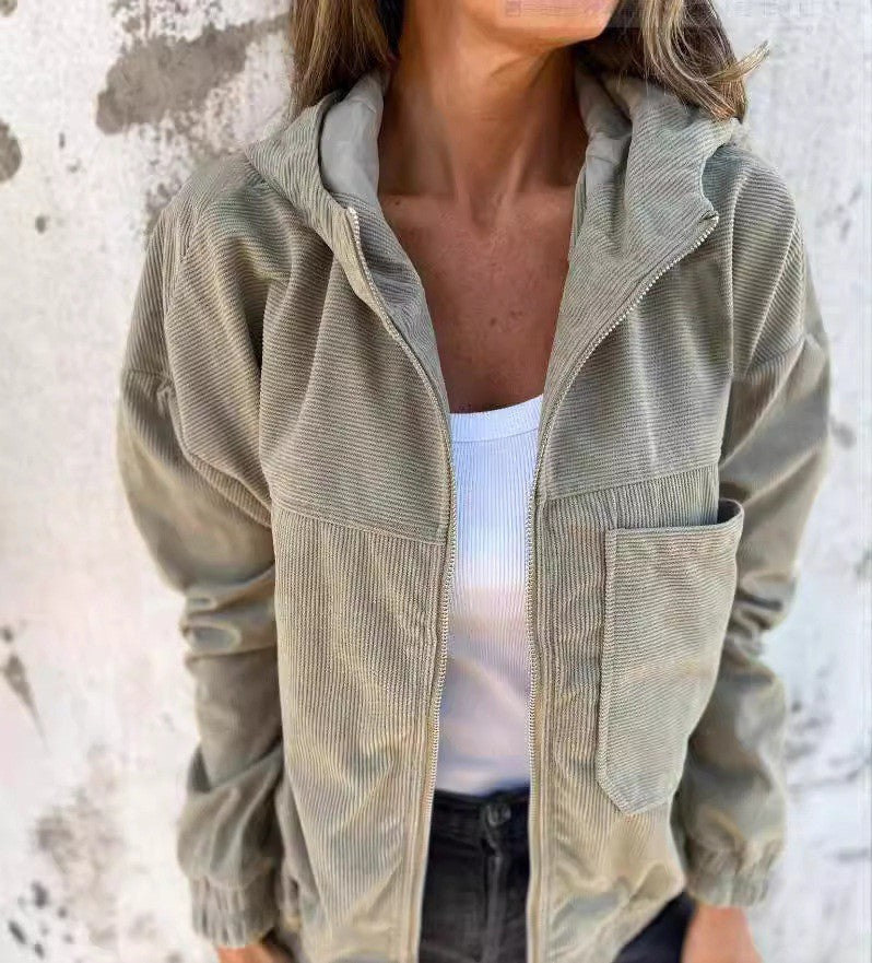 Streetwave Corduroy Jacket For Women With Practical Pockets And Elegant Zipper Casual Everyday Wear