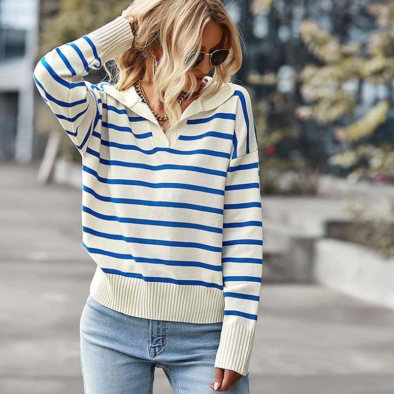 Streetwave Striped Knit Sweater for Women Cozy Cotton Acrylic Blend Long Sleeve Classic Collar