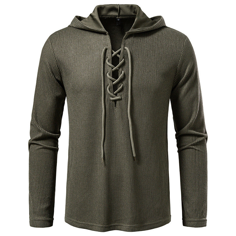 Street-Wave Men's Lace-Up Hooded Pullover With Textured Knit Design For Modern Streetwear Comfort