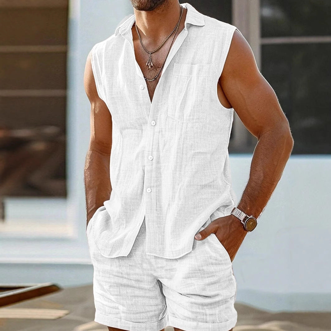 Mens Cotton Linen Sleeveless Shirt And Shorts Set In Relaxed Fit With Button Closure