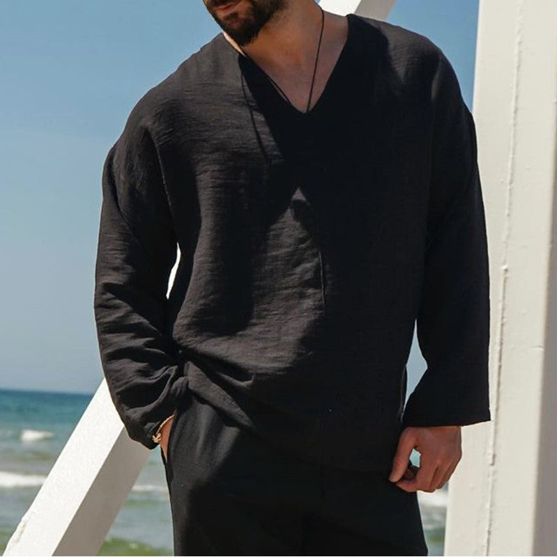Men's Linen Shirt Relaxed Fit V Neck Long Sleeve Lightweight for Summer Beachwear