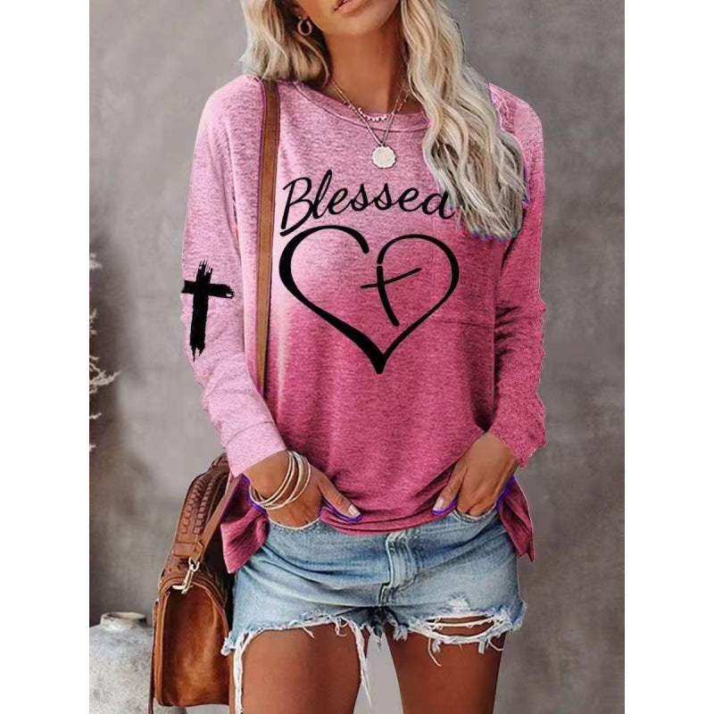 Long Sleeve Shirt Street-Wave Blessed Heart Graphic For Women, Comfortable Cotton Blend, Relaxed Fit