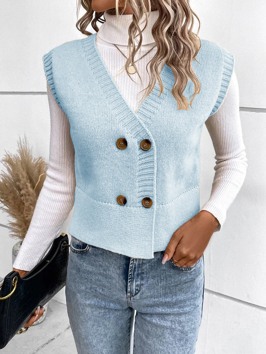 Street-Wave Women's Knit Vest With Double Button Placket And V-Neck For Layering