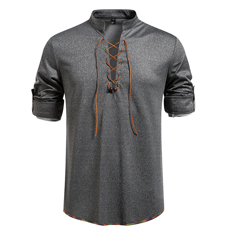 Street-Wave Mens Long Sleeve Shirt With Drawstring Stand Collar For Everyday Comfort And Stylish Wear