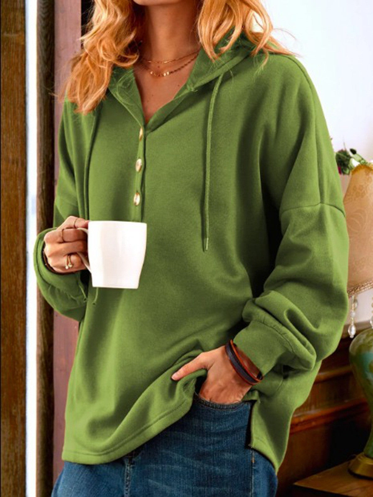 Street-wave Womens Hoodie With Button Placket And Relaxed Fit For Everyday Comfort