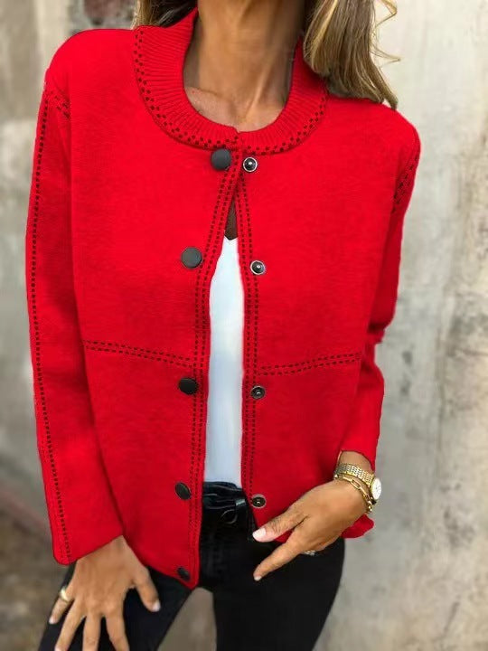 Street-wave Women's All-Season Loose Knit Cardigan With Button Front Placket And Decorative Stitching