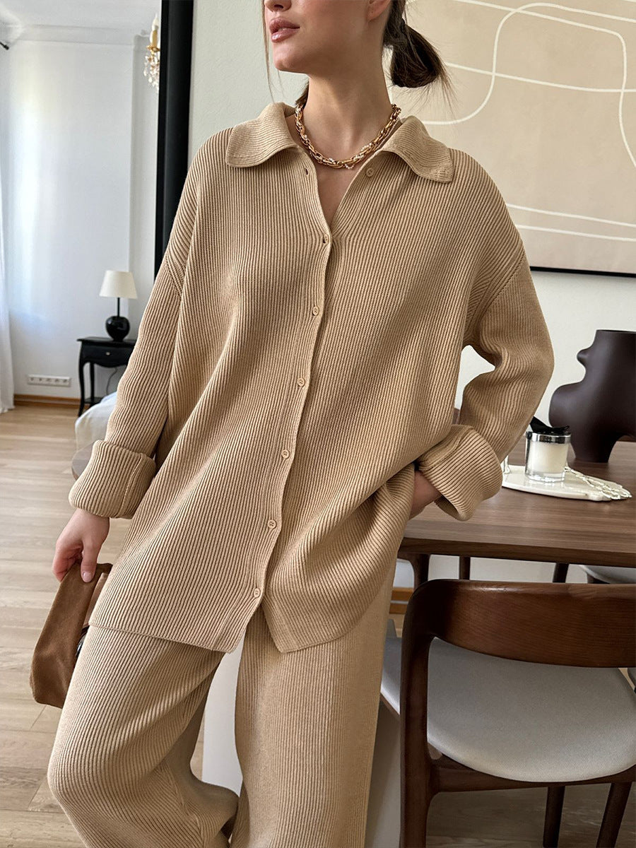 Street-Wave Ribbed Knit Cardigan Set With Relaxed Wide-Leg Pants Cream Womens Chic Comfort