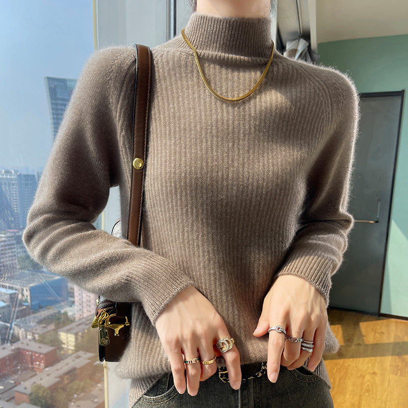 Street-Wave Womens High Neck Knit Sweater With Fine Rib Texture Cozy Warmth For Cold Weather