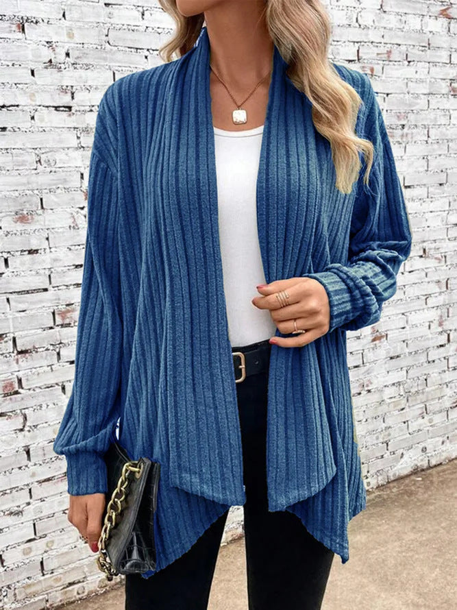 Ribbed Knit Cardigan Street-wave Womens Cozy Casual Comfort With Prominent Rib Design