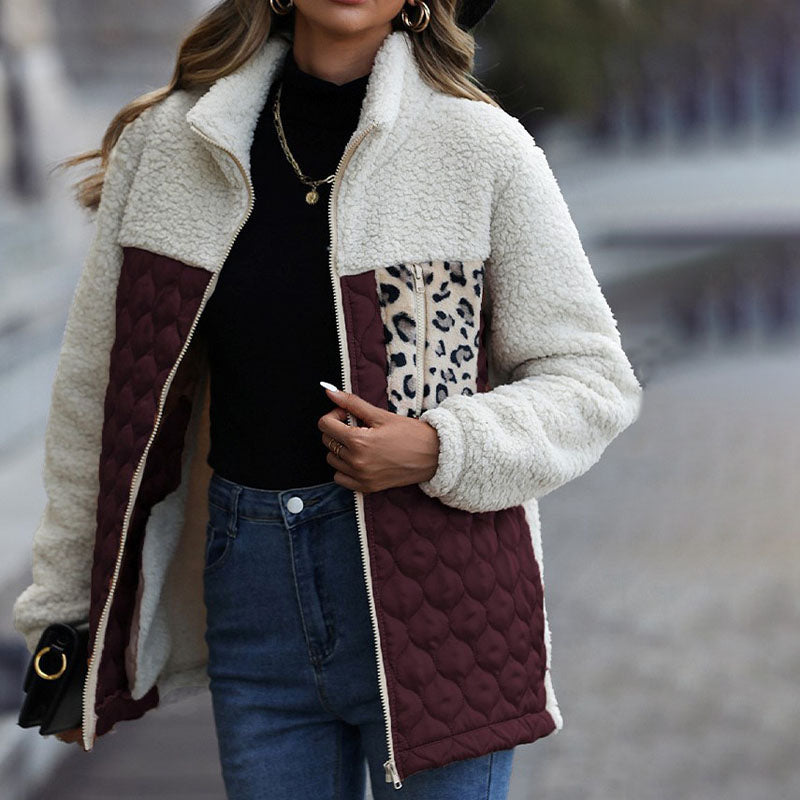 Street-wave Patchwork Plush Coat Leopard Pocket Warm Quilted Sherpa For Women Cozy All-Season Outerwear