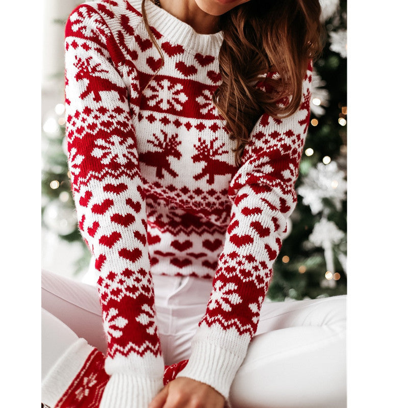 Women's Christmas Knit Sweater With Reindeer Snowflake Hearts Pattern Streetwave Cozy Holiday Jumper