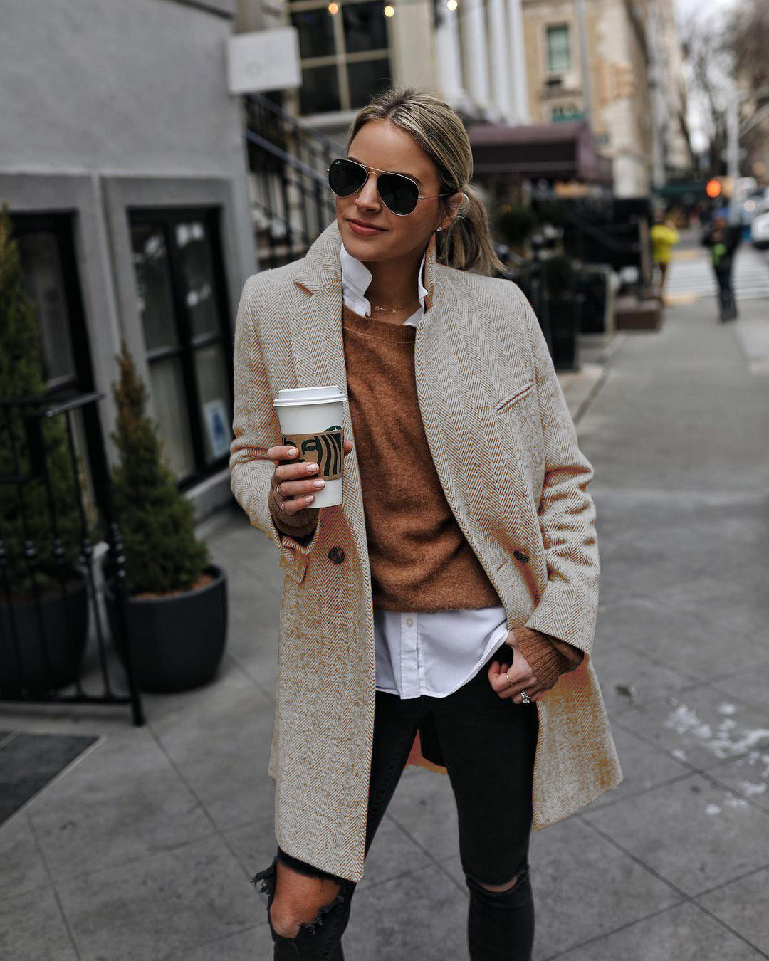 Street-wave Long Wool Coat For Women With Button Closure Structured Herringbone Design