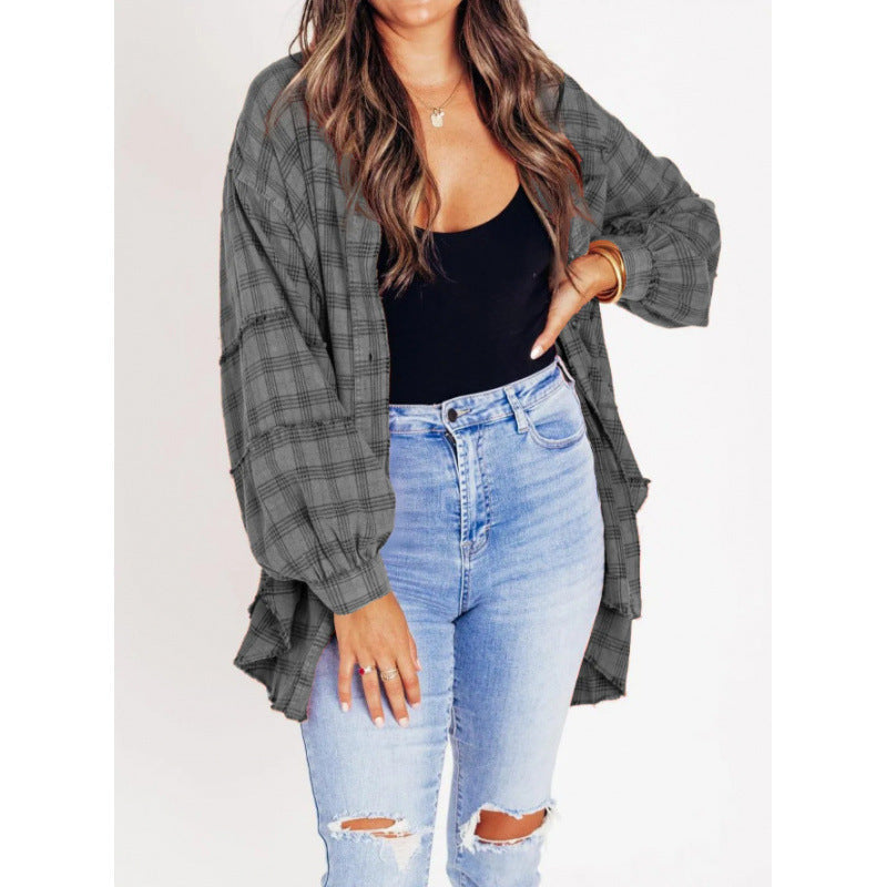Street-wave Women's Casual Carrot Jacket With Wide Sleeves Plaid Flannel Shacket For Everyday Style