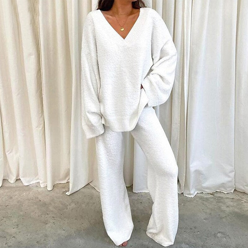 Street Wave Women Cozy V Neck Knit Jumpsuit With Wide Leg For All Day Comfort And Relaxed Style