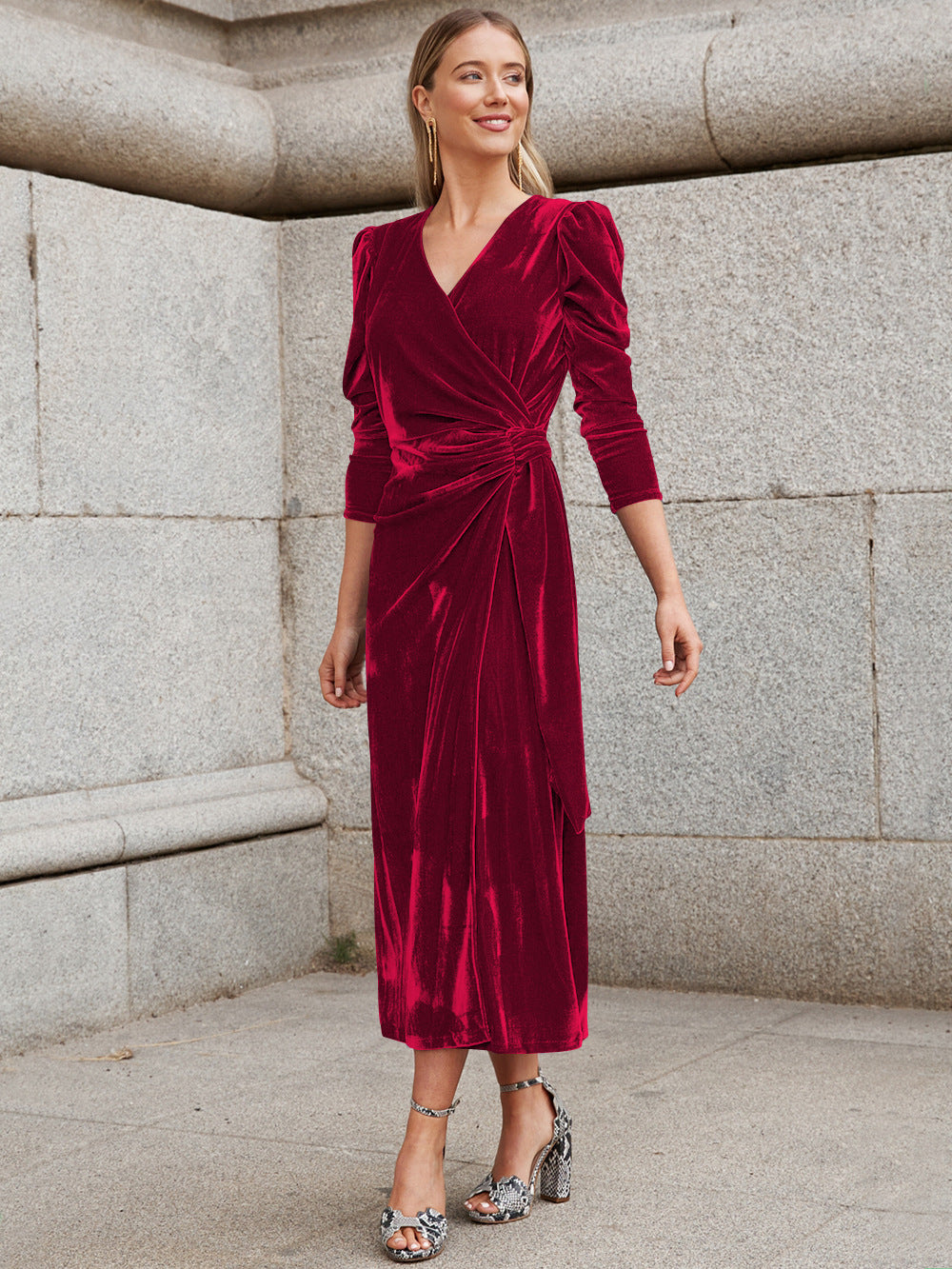 Street-Wave Elegant Wrap Dress With Puff Sleeves And Gold Accents For Women Glamorous Evening Wear