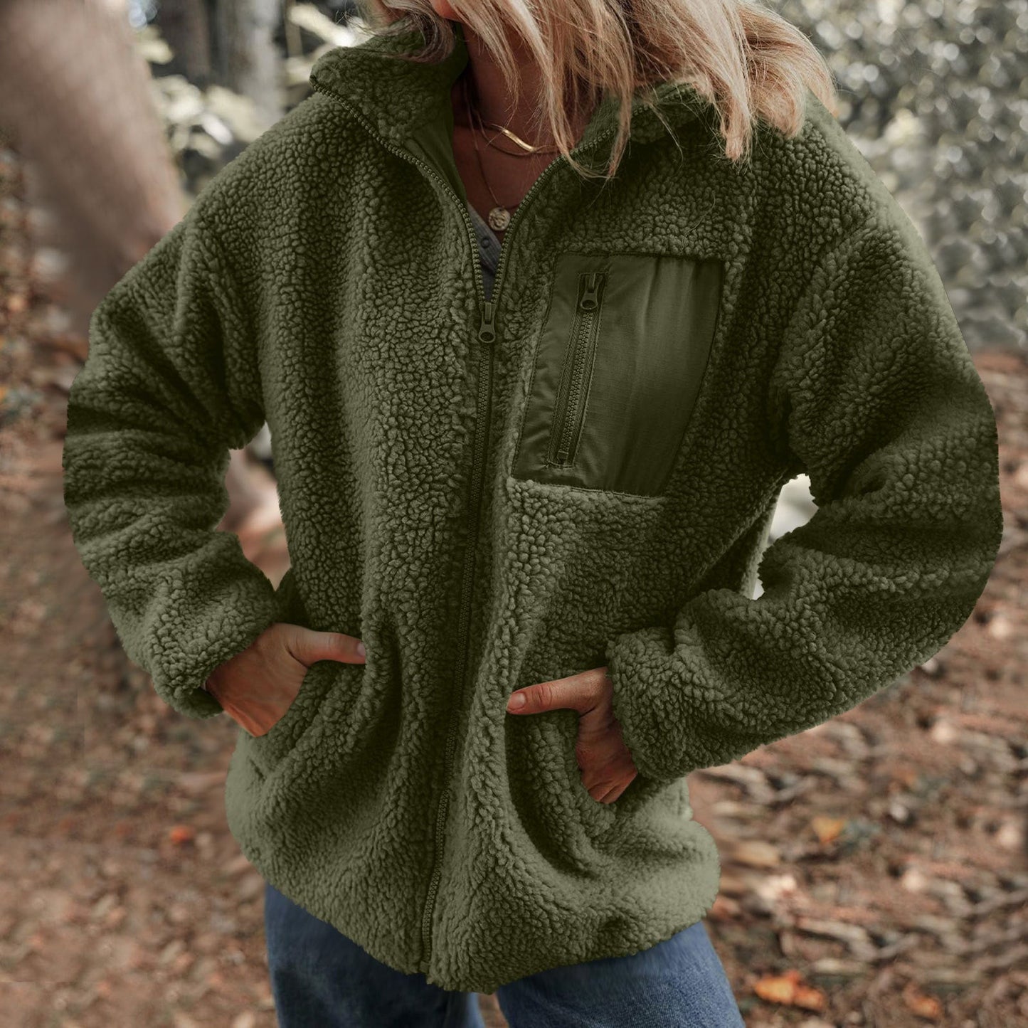 Women Fleece Jacket With High Collar Chest Pocket Streetwave Warm Cozy Everyday Wear