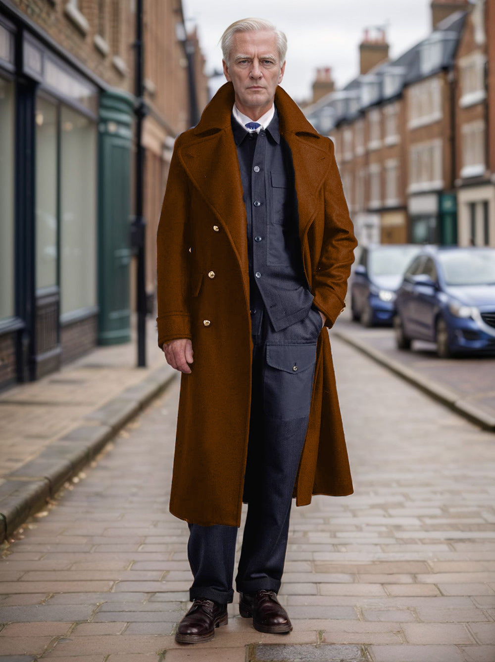 Streetwave Mens Elegant Long Coat With Double Button Closure And Wide Lapel For Urban Professionals