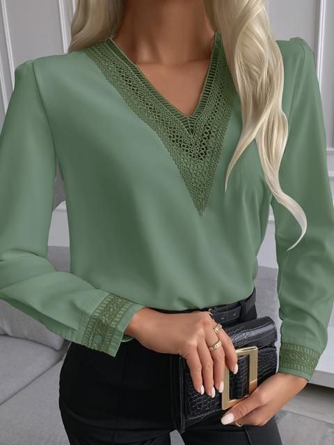 Street-Wave Women Elegant Lace Trim Blouse For Office Wear Timeless Chic Top For Any Occasion