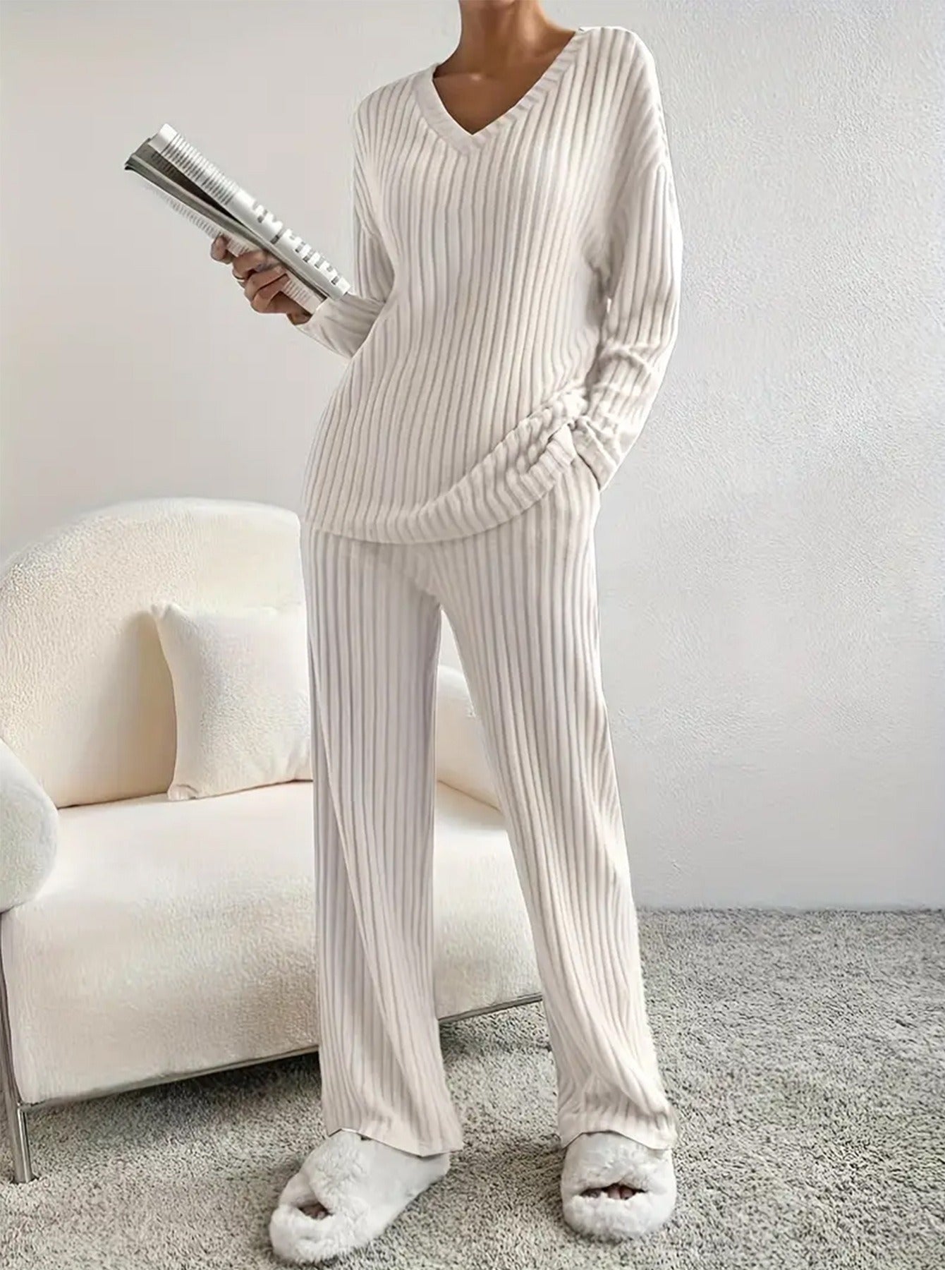 Women's Ribbed Knit Jumpsuit V Neck Pockets Streetwave Ultra Cozy Loungewear For Women