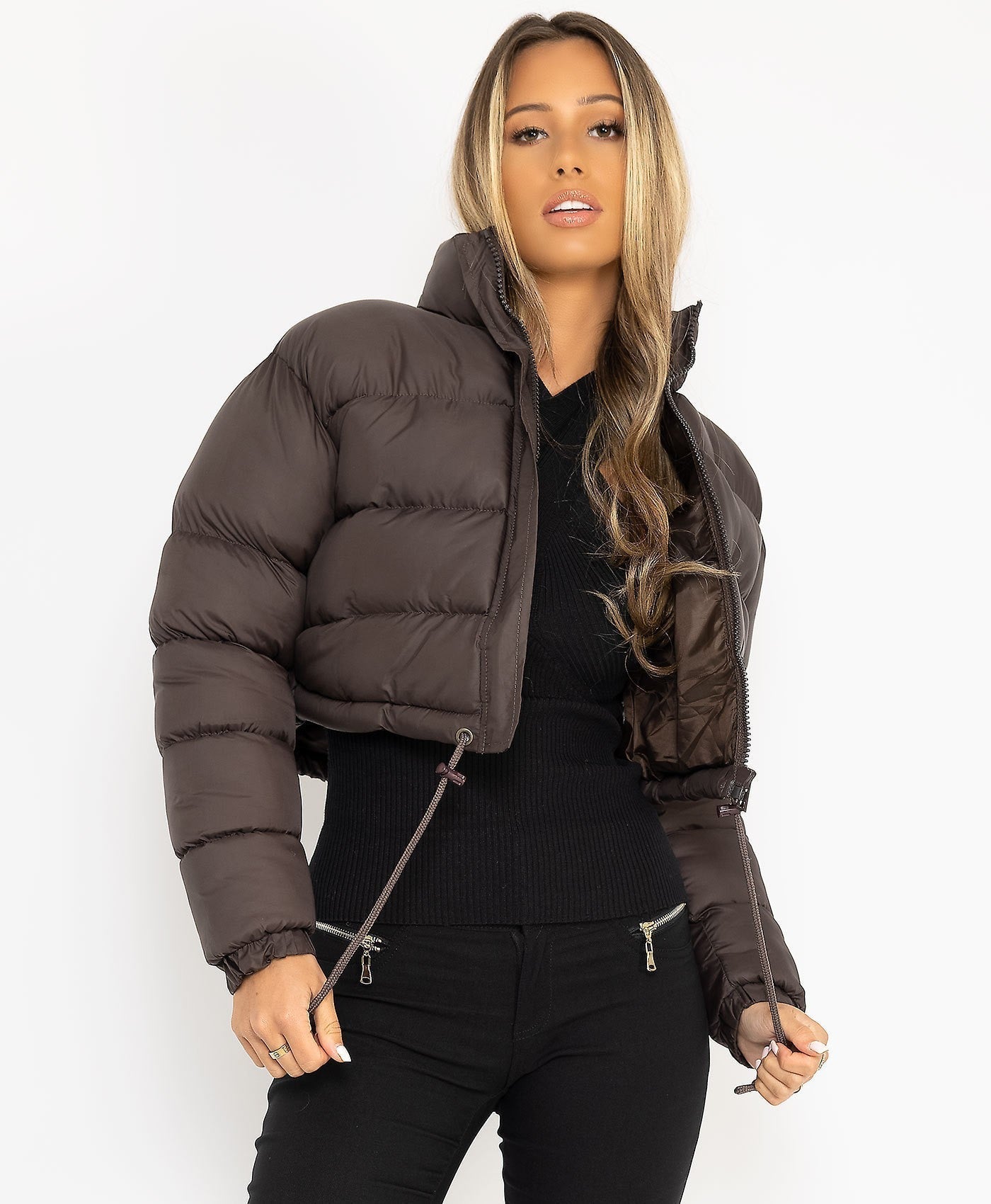 Street-wave Womens Short Puffer Jacket Trendy Insulated Coat With Drawstring Hem Cozy Comfort
