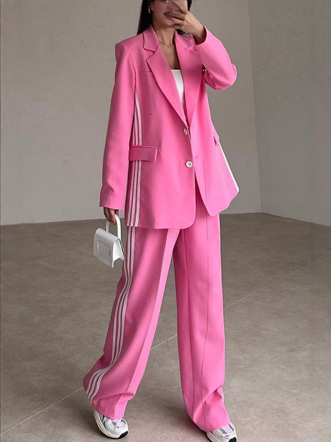 Street-wave Women Blazer Pants Set With Contrast Stripes For Chic Breathable Comfort