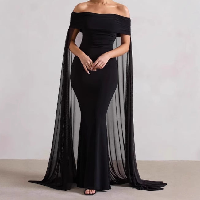 Off Shoulder Evening Dress With Flowing Sheer Cape Streetwave For Women FigureFlattering Gown