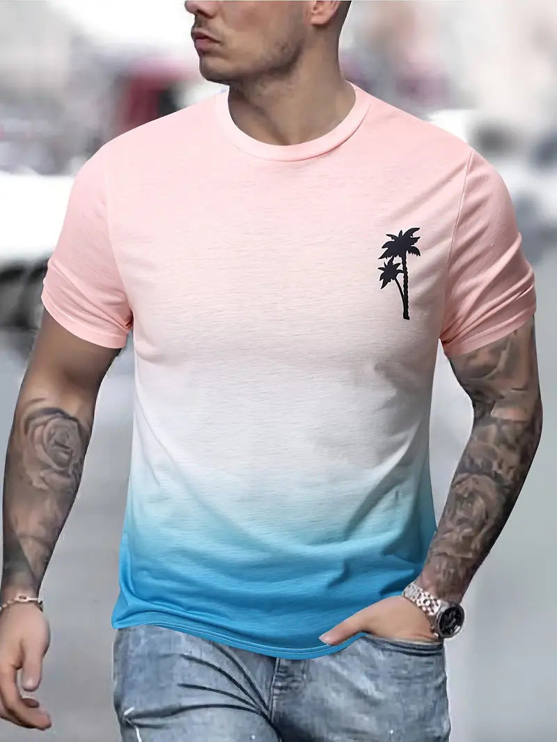 Street-wave Men's Gradient T-Shirt With Palm Embroidery, Soft Comfort, Modern Ombre Tee