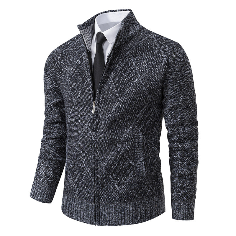 Street-wave Mens Knit Cardigan With Modern Diamond Pattern Zip Front Slim Fit Premium Look