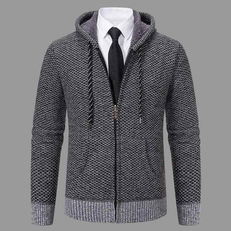 Street-Wave Mens Hooded Cardigan Knit Blend Full Zip With Ribbed Cuffs For Smart Casual Layering