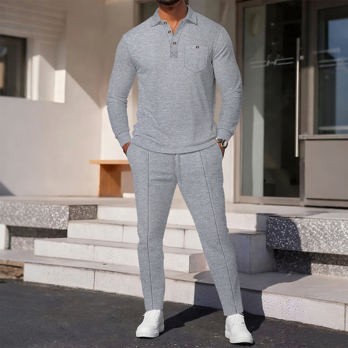 Street-Wave Men's Elegant Casual Suit With Textured Top And Comfortable Pants For Smart Casual