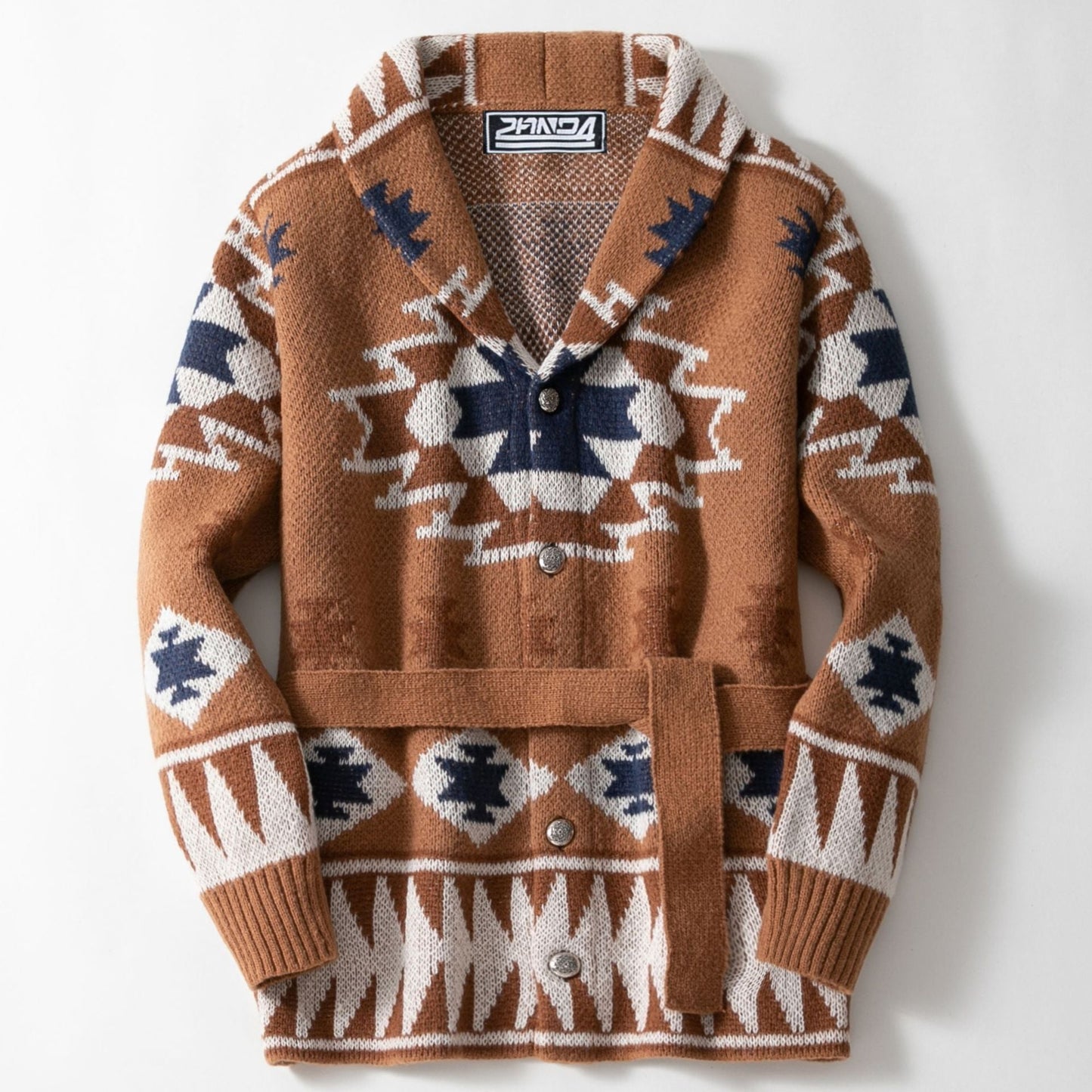 Geometric Knit Cardigan With Belt For Women Streetwave Cozy Warm Everyday Wear All Season Comfort