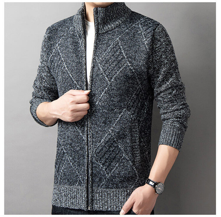 Street Wave Mens Cardigan With Modern Zipper And Geometric Pattern For Everyday Casual Wear