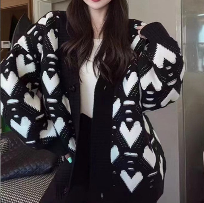 Street-wave Women's Knit Cardigan With Unique Heart Pattern And Voluminous Sleeves