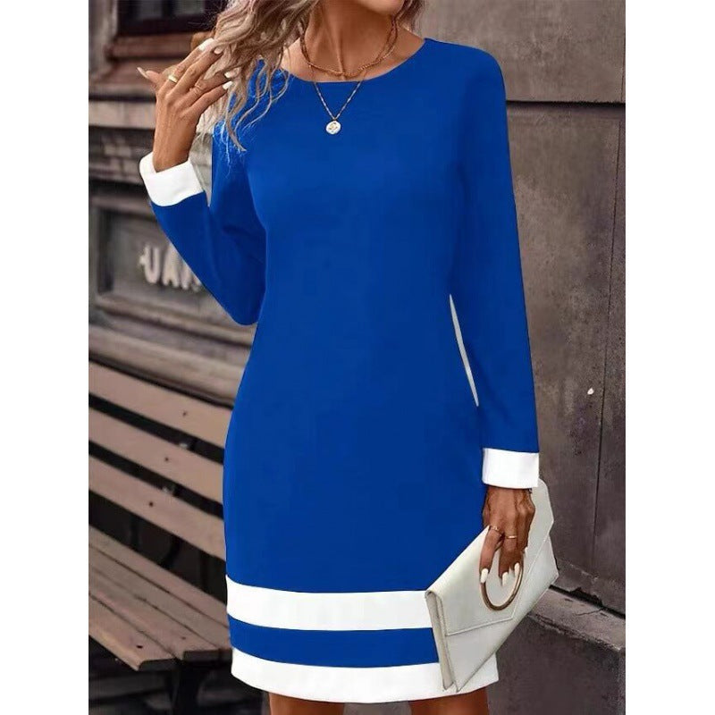 Street-Wave Elegant Navy Dress With Contrast Cuffs And Hem For Modern Professional Women