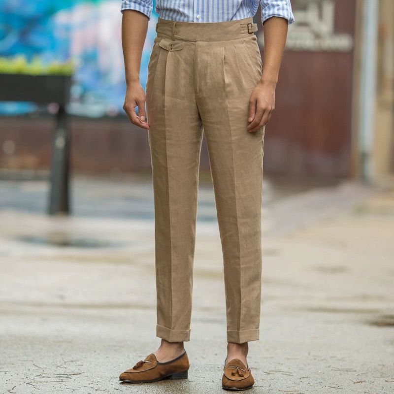 Street Wave Mens Linen Trousers Slim Fit High Waisted Pleated Front