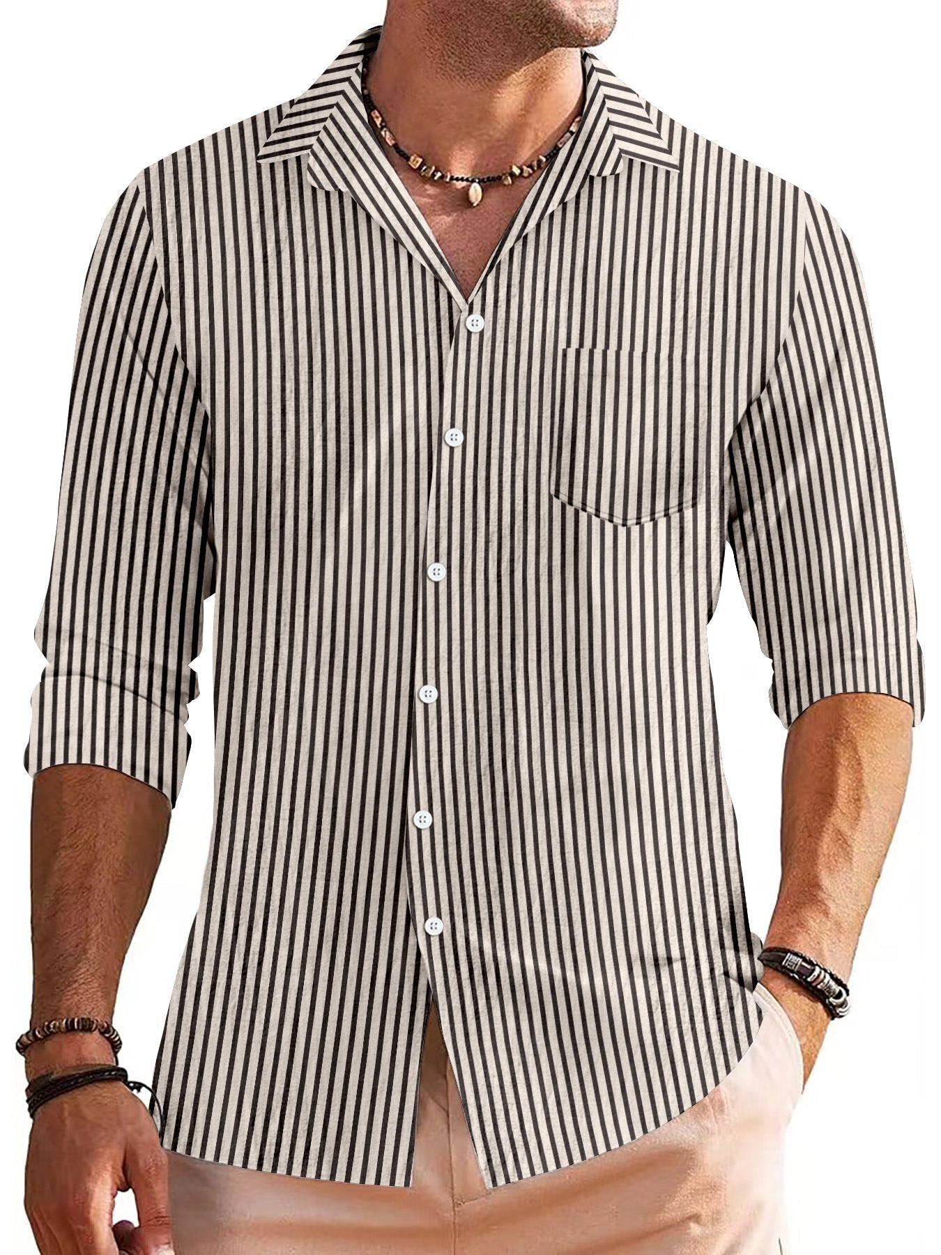 Street-Wave Men's Long Sleeve Shirt Regular Fit Striped Pattern Chest Pocket Breathable Material