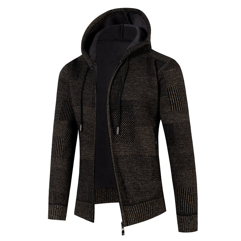 Street-wave Men's Knit Cardigan With Lined Hood And Waffle Pattern For Everyday Cozy Wear