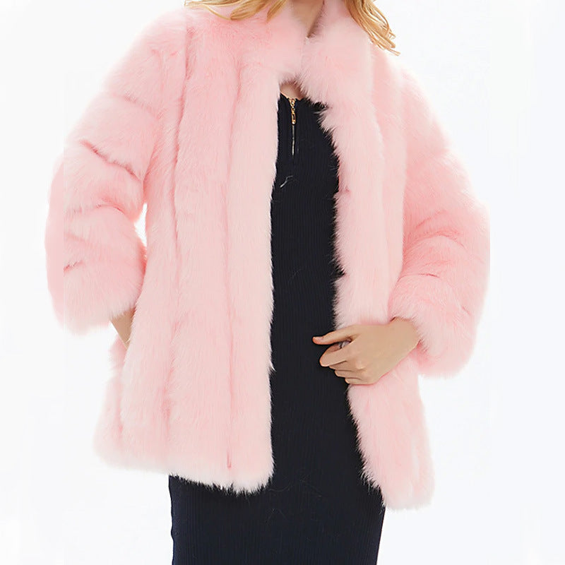 Street Wave Womens Faux Fur Coat Luxurious With Voluminous Sleeves And High Collar