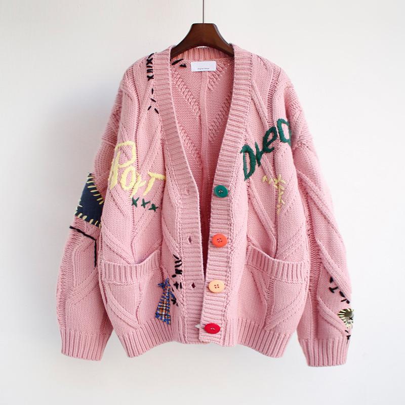 Street-Wave Women Oversized Knit Cardigan With Colorful Appliques For Versatile Style