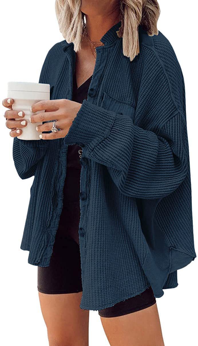 Streetwave Womens Oversized Waffle Knit Shirt Jacket Breathable Comfort Versatile Layering