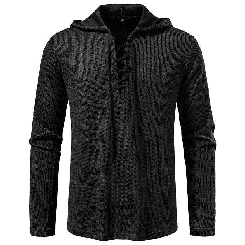 Street-Wave Men's Lace-Up Hooded Pullover With Textured Knit Design For Modern Streetwear Comfort