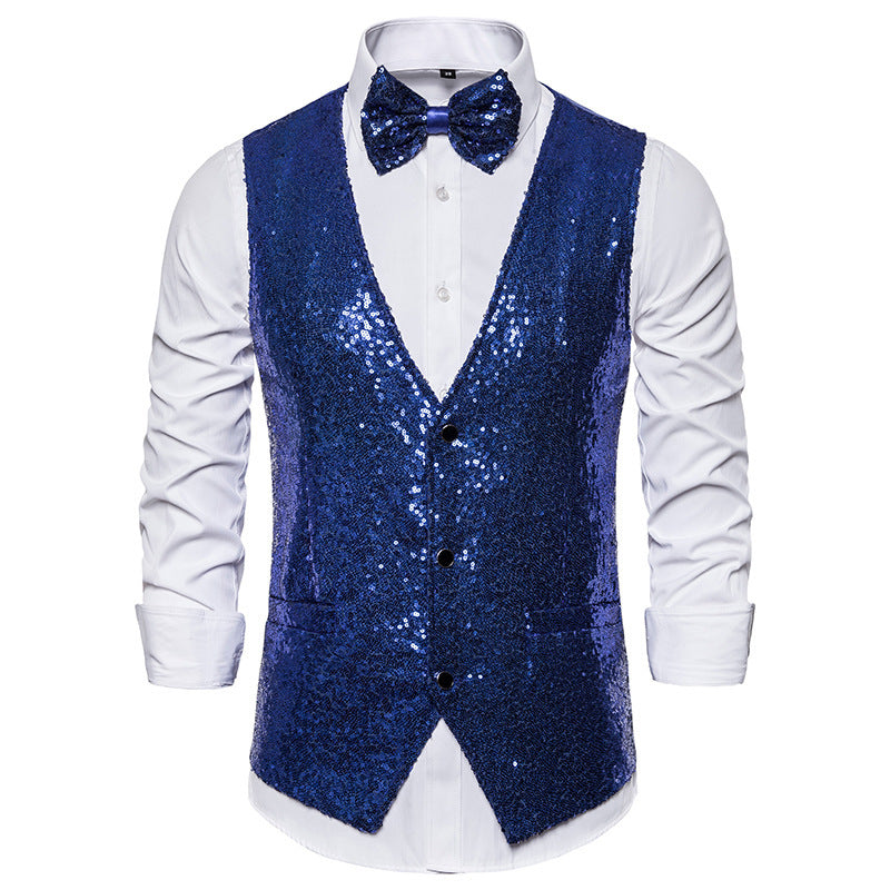 Street-wave Men's Glitter Sequin Festive Vest With Bow Tie Glamorous Partywear For Men